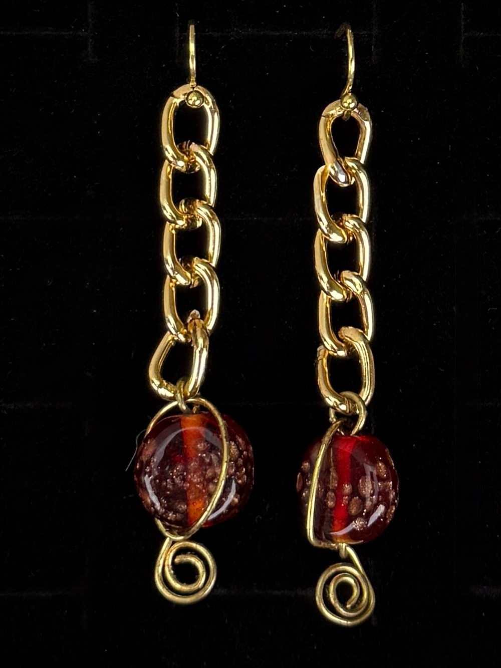 Goldtone chain, wire wrapped red stone pierced dangle earrings